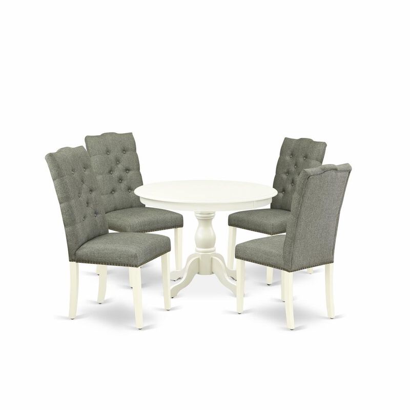 East West Furniture HBEL5-LWH-07 5 Piece Dinette Set - Linen White Dining Table and 4 Smoke Linen Fabric Dining Chairs Button Tufted Back with Nail Heads - Linen White Finish