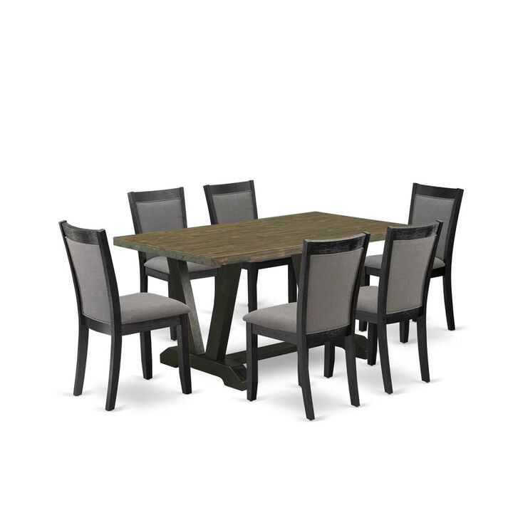 V676MZ650-7 7 Pc Dinette Set - Distressed Jacobean Table with 6 Dark Gotham Grey Linen Fabric Chairs - Wire Brushed Black Finish