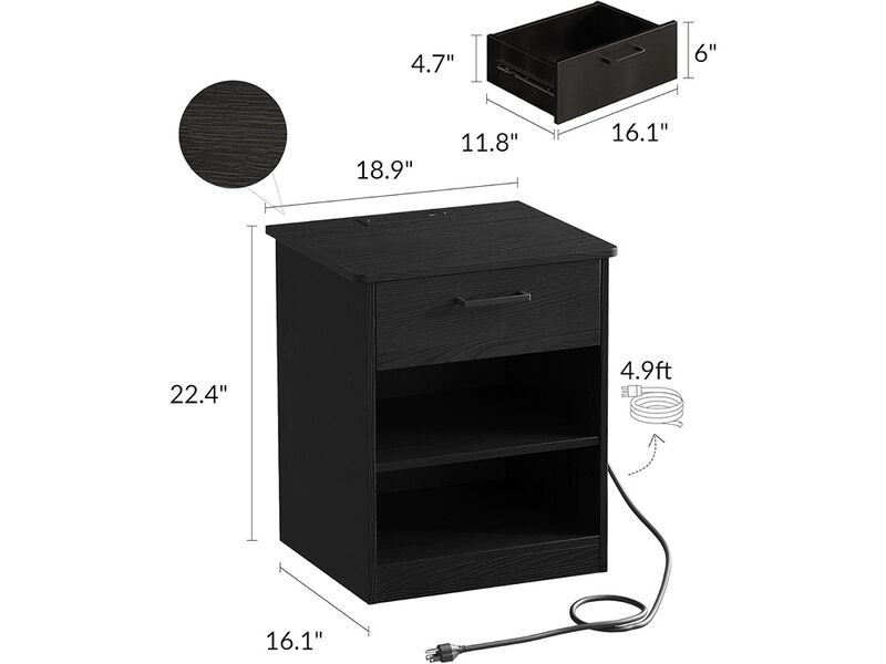 ODIKA Wooden Black Nightstand Bedside Table with Drawer