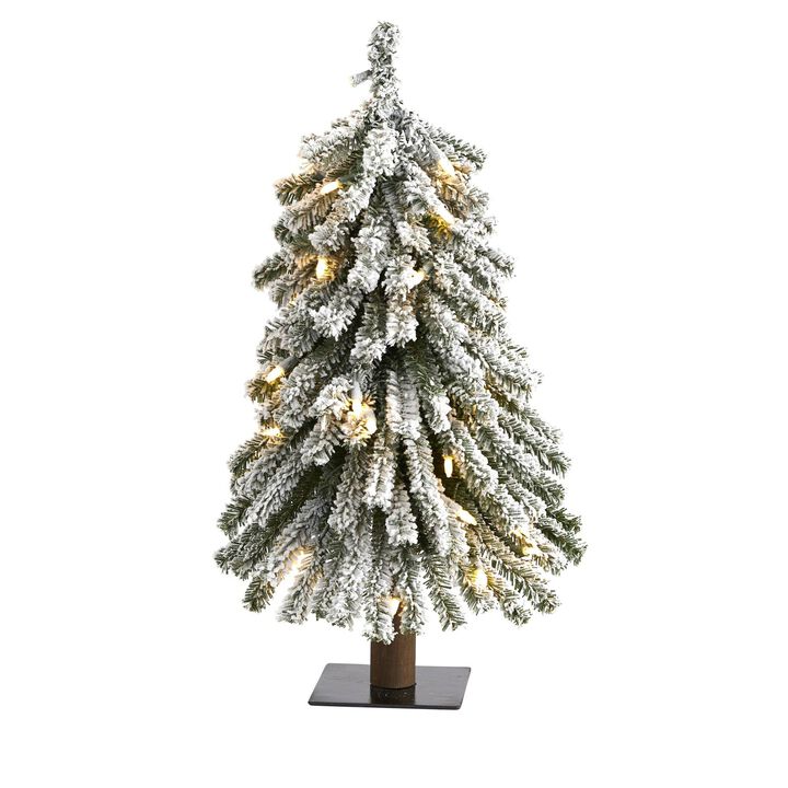 Nearly Natural 2-ft Flocked Grand Alpine Artificial Christmas Tree with 35 Clear Lights and 111 Bendable Branches on Natural Trunk