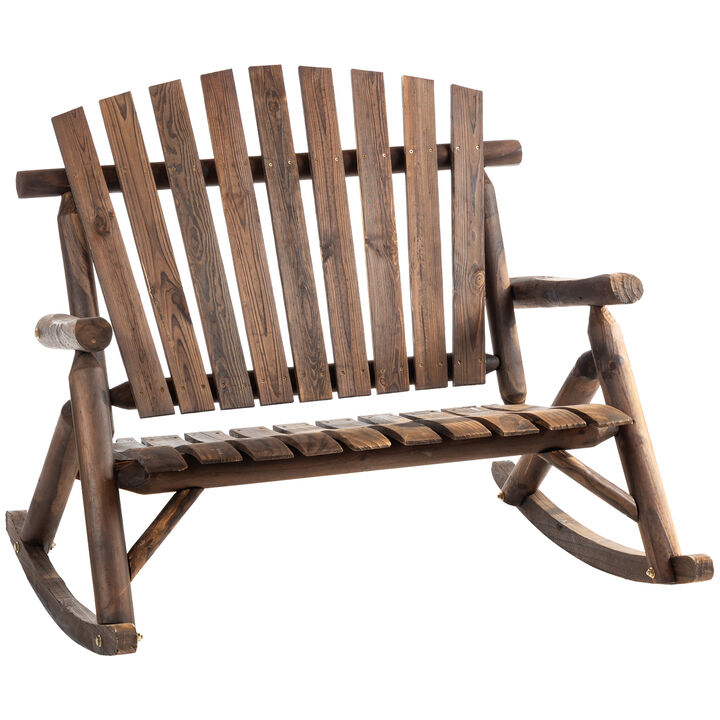 Outsunny Outdoor Wooden Rocking Chair, Double-person Adirondack Rocking Patio Chair with Rustic High Back, Slatted Seat and Backrest for Indoor, Backyard, Garden, Carbonized