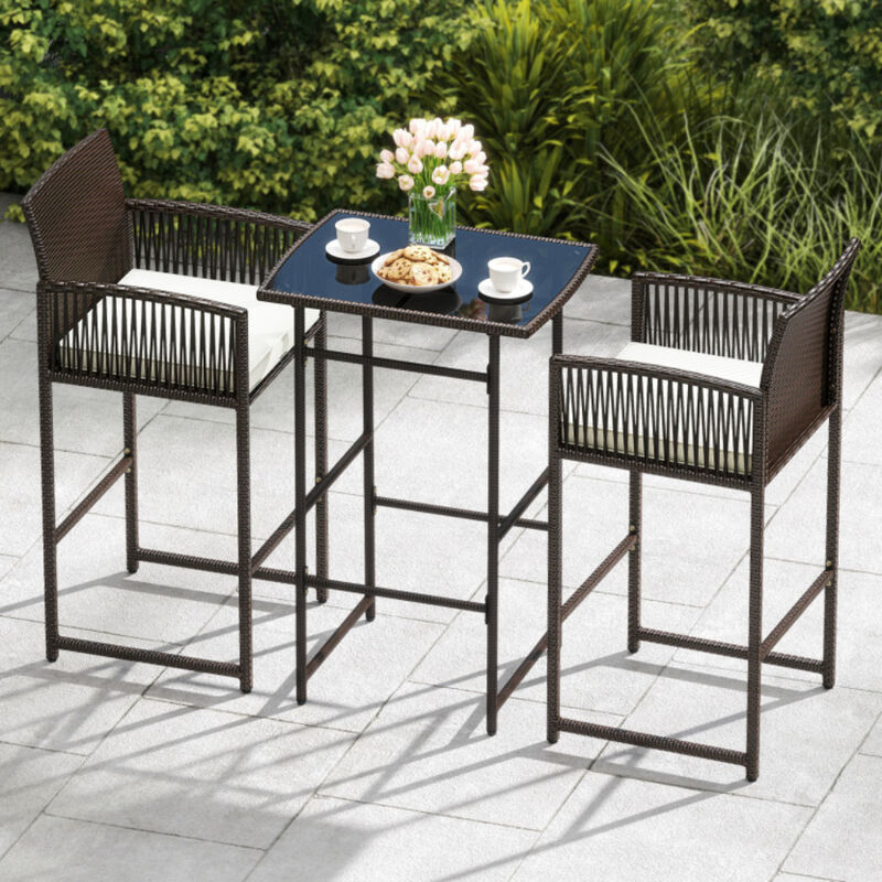 Outdoor Wicker 3 Piece Bar Set with Bar Height Table Armchairs and 2 Cushions-White image number 1