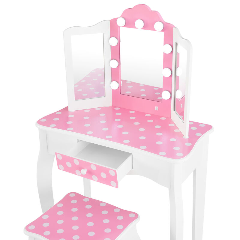 Fantasy Fields Gisele Polka Dot Kids Play Vanity Table & Stool with LED, White & Pink image number 4