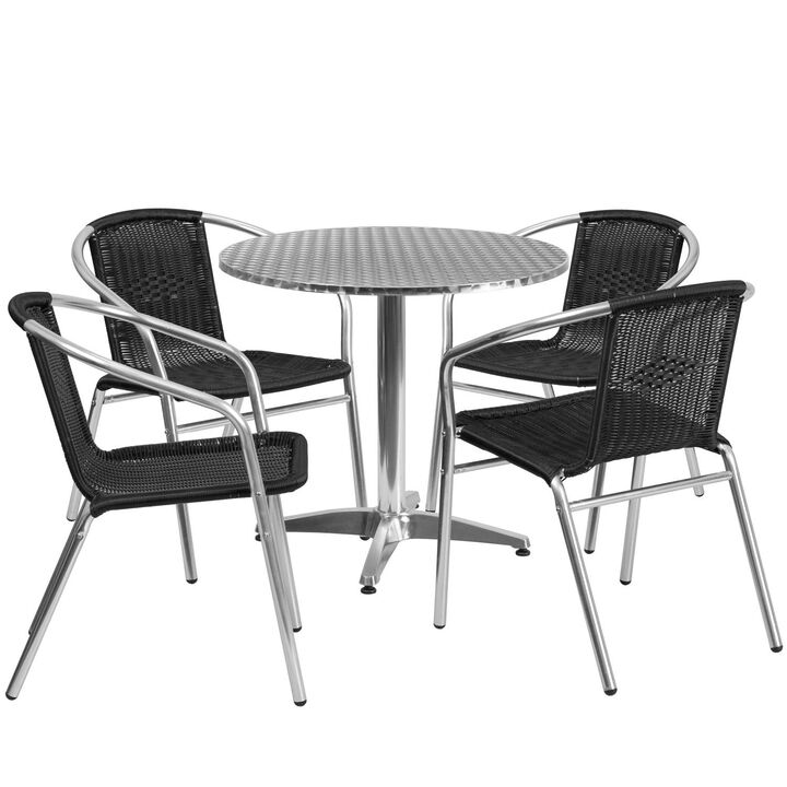 Flash Furniture 31.5'' Round Aluminum Indoor-Outdoor Table Set with 4 Black Rattan Chairs
