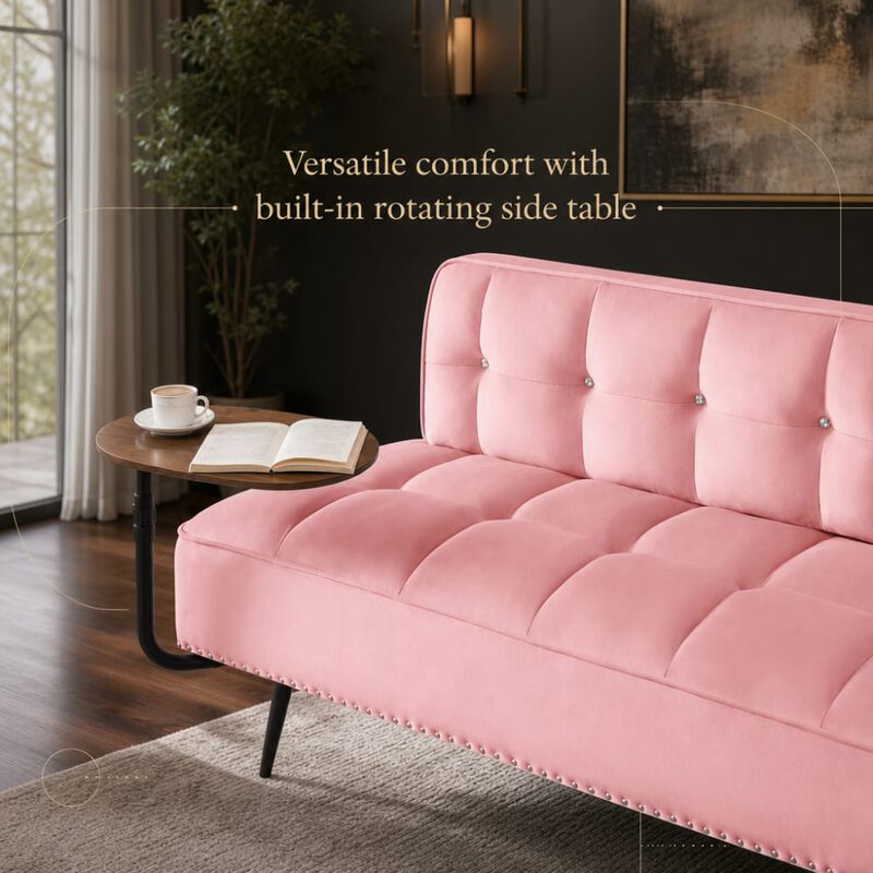 GOODSILO Modern Two-Seater Velvet Sofa with 360&deg; Rotating Side Table, Copper Nailhead Trim for Living Room image number 4