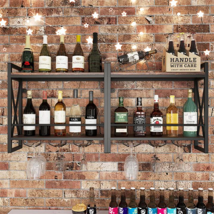 Hivvago Wall Mounted Wine Rack with 2-Tier Shelves and 3 Glass Holders