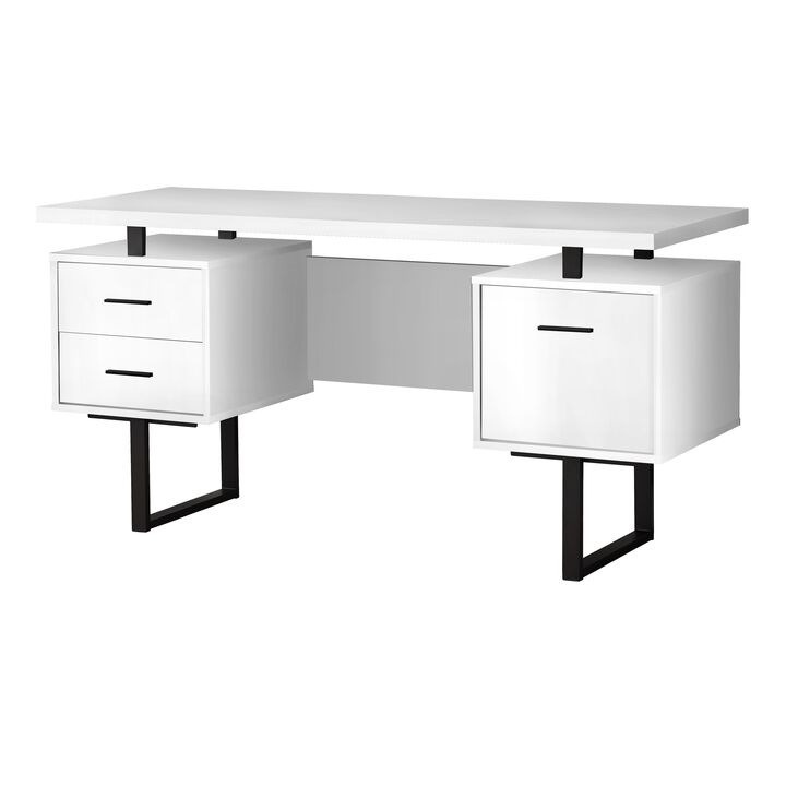 Monarch Specialties Computer Desk, Home Office, Laptop, Left, Right Set-Up, Storage Drawers, 60"L, Work, Metal, Laminate, White, Black, Contemporary, Modern