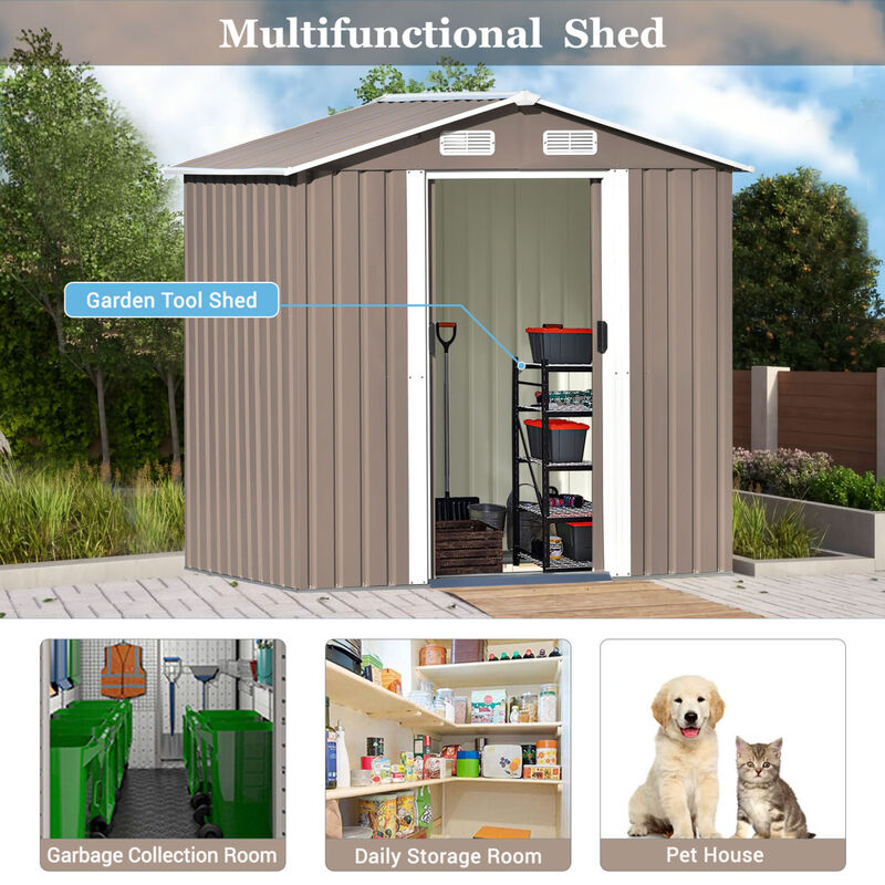 Patio 6ft x4ft Bike Shed Garden Shed, Metal Storage Shed with Adjustable Shelf and Lockable Door, Tool Cabinet with Vents and Foundation for Backyard, Lawn, Garden, Brown