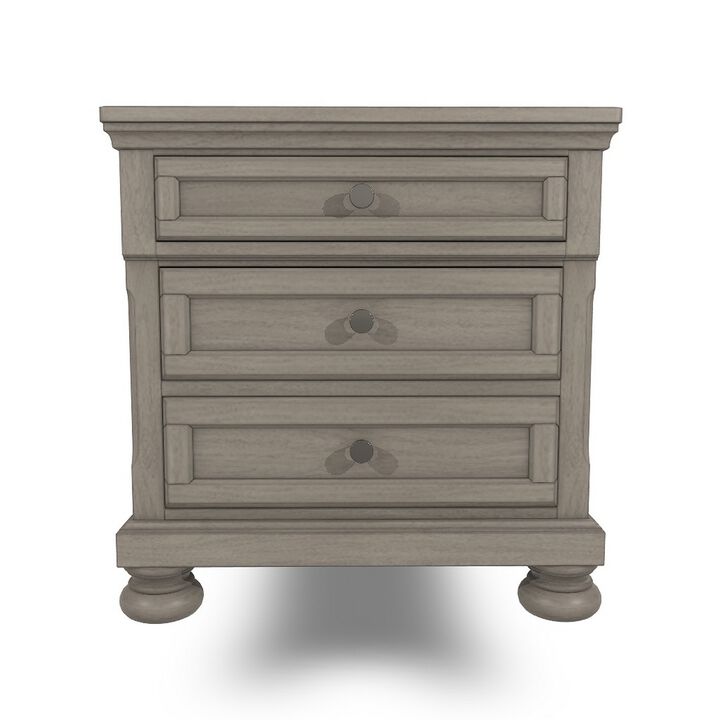Ryno Nightstand, 2 Drawers, Pull Out Tray, Nickel Round Knobs, Gray - Benzara