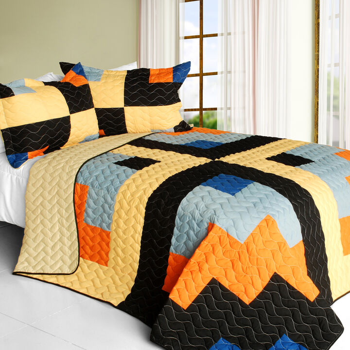 3PC Patchwork Quilt Bedding Set with Vermicelli Stitching Design