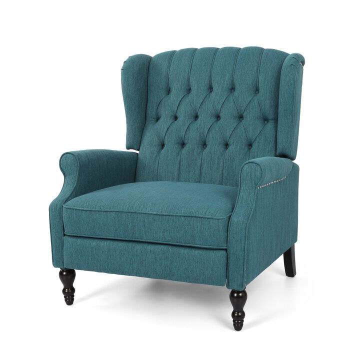 Jade Oversize Wide Chair Manual Recliner, Wingback, Teal Button Tufted - Benzara