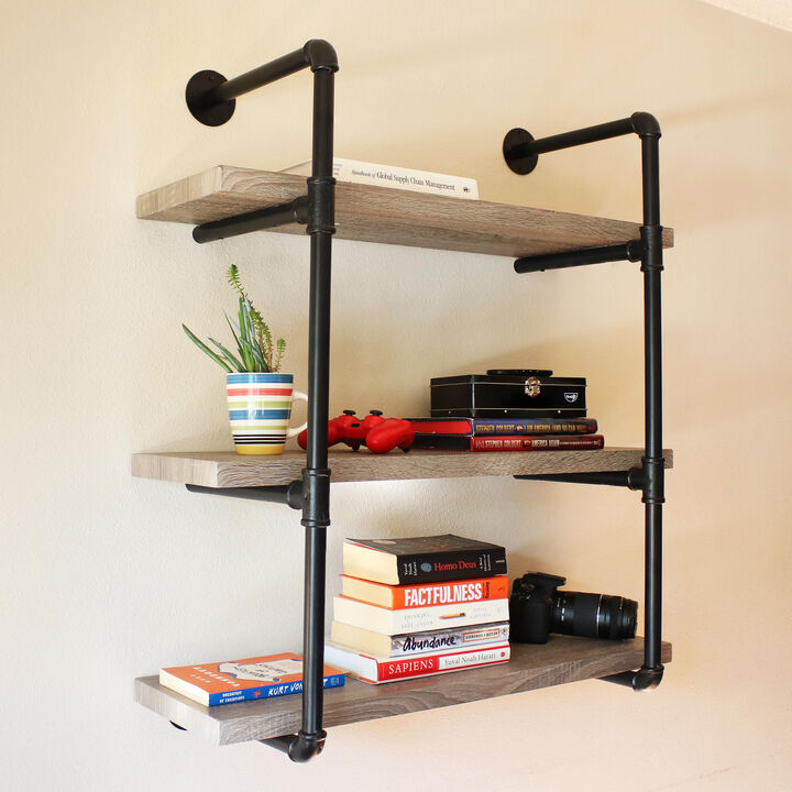 Sunnydaze 3-Tier Industrial Black Pipe Wall Hanging Bookshelf