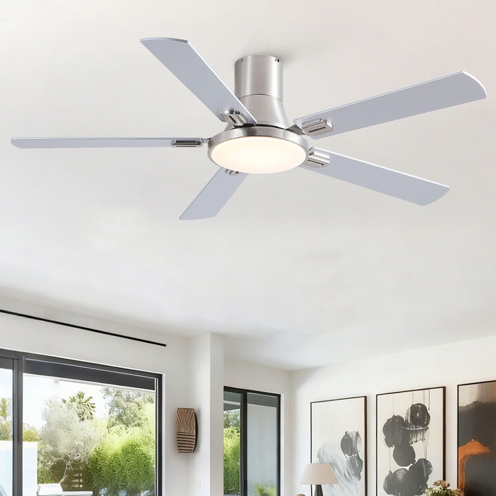 52 Inch Modern Brushed Nickel Flush Mount Ceiling Fan with LED Light and Remote, 6 Speed Indoor Fan