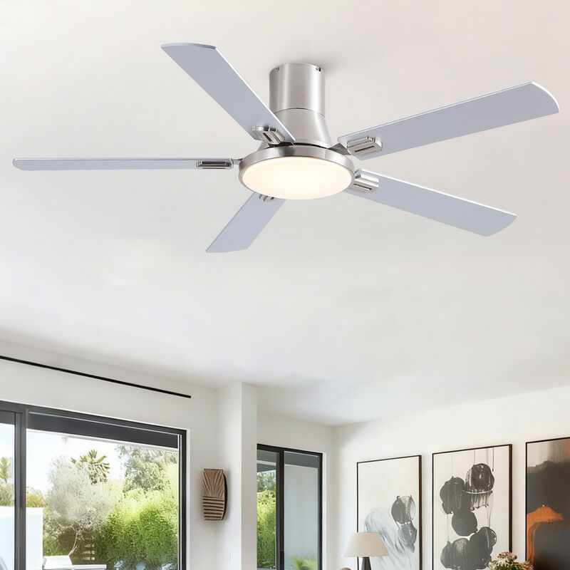 52 Inch Modern Brushed Nickel Flush Mount Ceiling Fan with LED Light and Remote, 6 Speed Indoor Fan image number 1