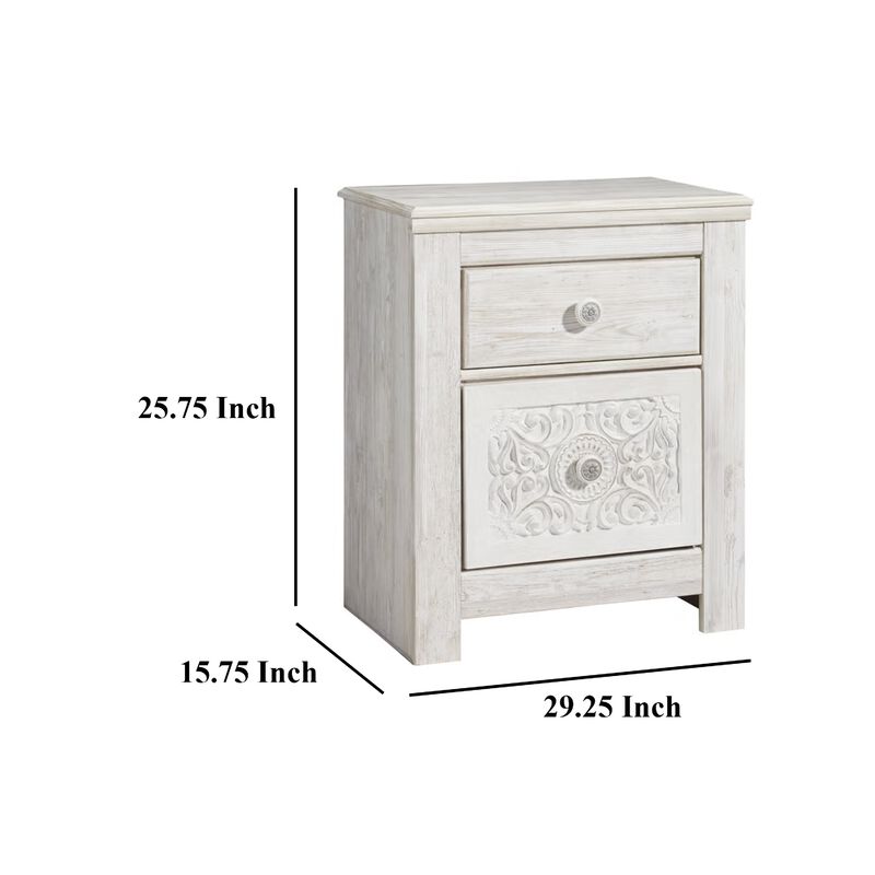 Paxy Nightstand, 2 Drawers, 2 USB Ports, Laminate Whitewash Finish