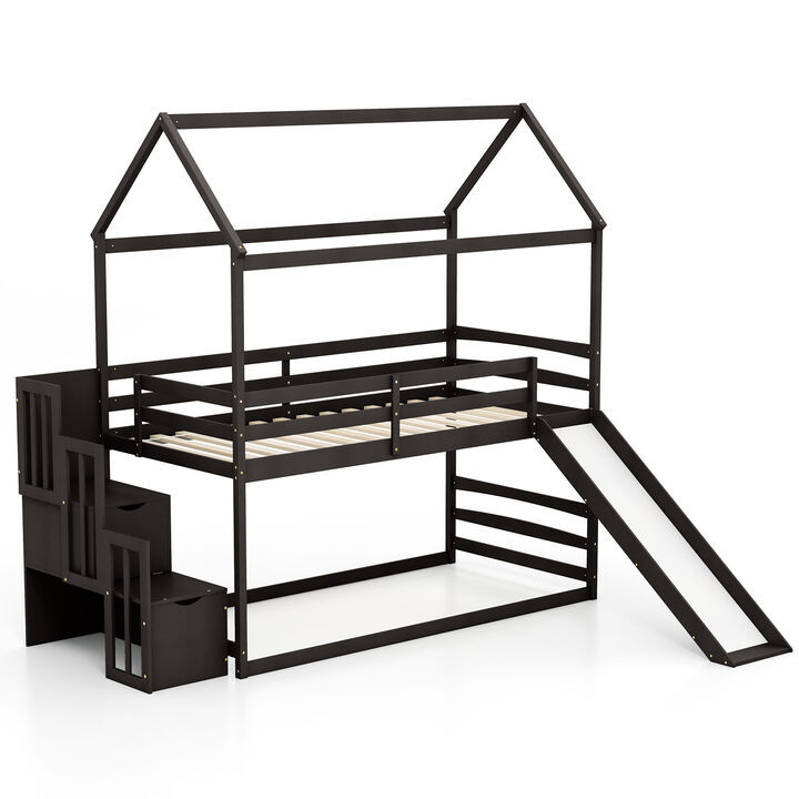 Twin over Twin Bunk Bed with Slide and 2-Step Storage Staircase