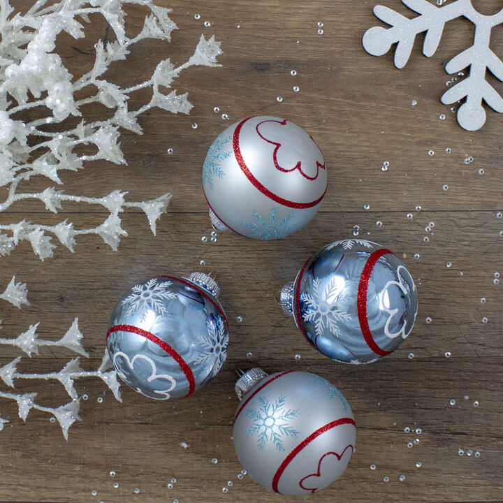 4ct Silver and Blue Snowflake Glass Ball Christmas Ornament 2.75" (70mm)