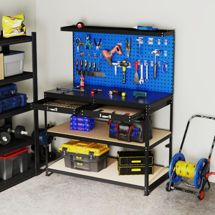 48" Heavy Duty Workbench with 3 Pegboards, Drawers and Shelves for Garage Workshop