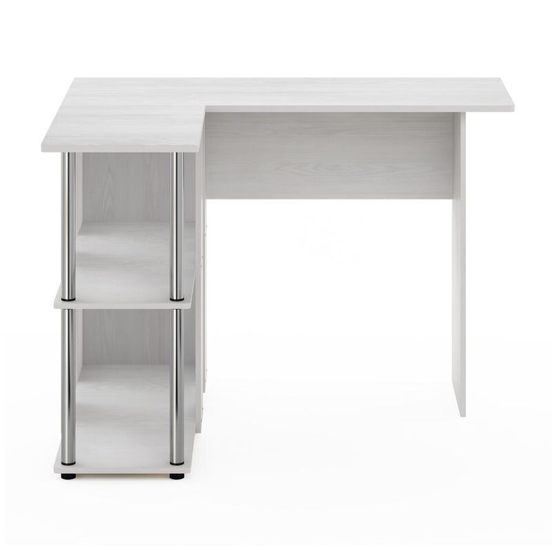 Furinno Abbott L-Shape Desk with Bookshelf, White Oak, Stainless Steel Tubes