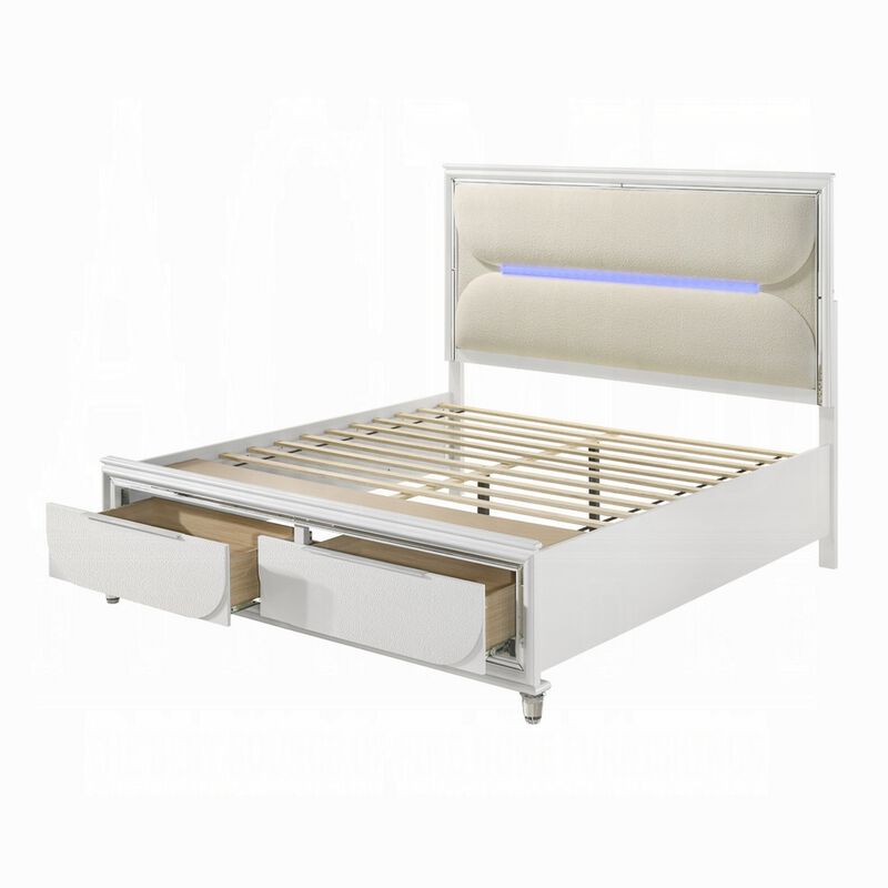 Rara Queen Size Bed, 2 Storage Drawers, LED, White Boucle Upholstery - Benzara