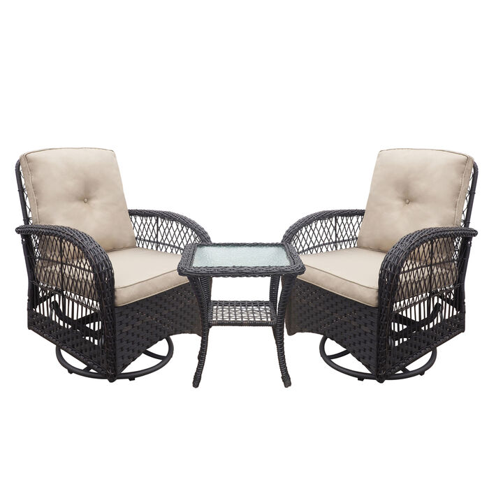 3 Pieces Conversation Set, Outdoor Wicker Rocker Swivel Patio Bistro Set, Rocking Chair with Glass Top Side Table