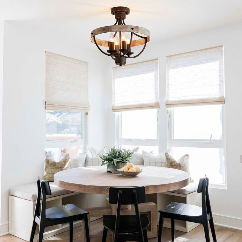 4-Light Rusted Brown Wheel Wood Semi-Flush Mount Ceiling Light