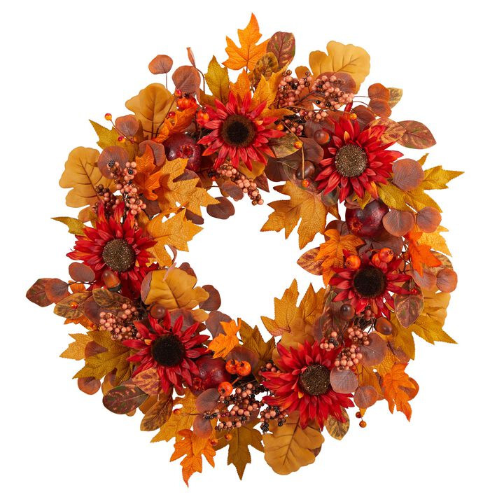 Hivvago 30" Fall Acorn, Sunflower, Berries and Autumn Foliage Artificial Wreath