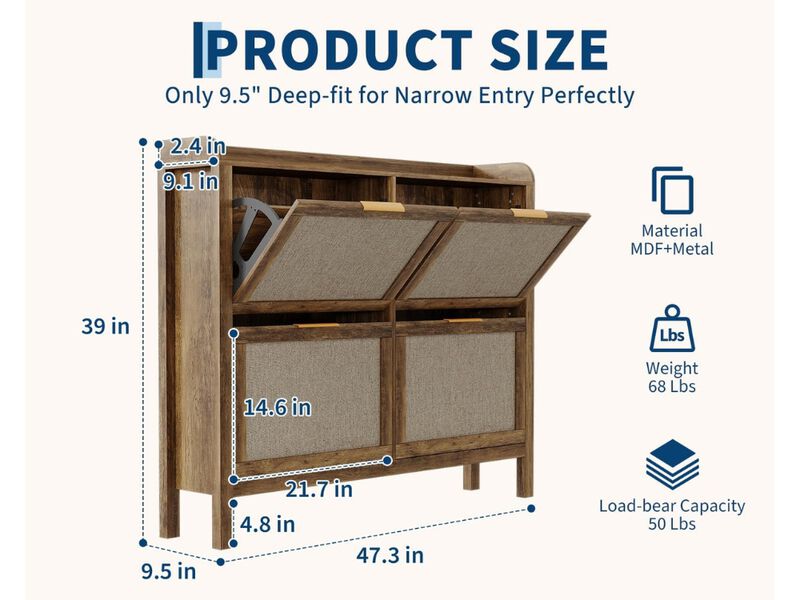 Entryway Shoe Storage Cabinet Flip Drawer Adjustable Shelves Brown image number 2