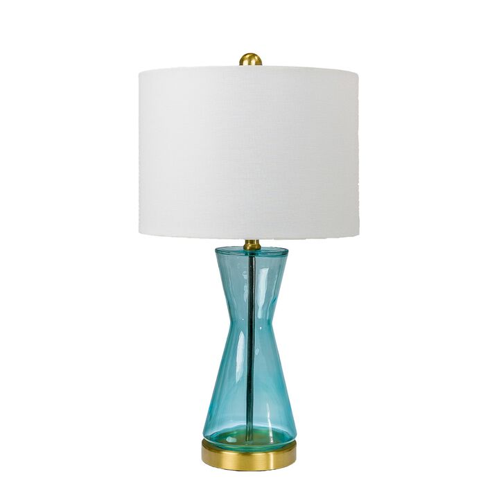 Elma 24 Inch Table Lamp Set of 2, Hourglass Stand, Gold Trim, Glass, Blue-Benzara