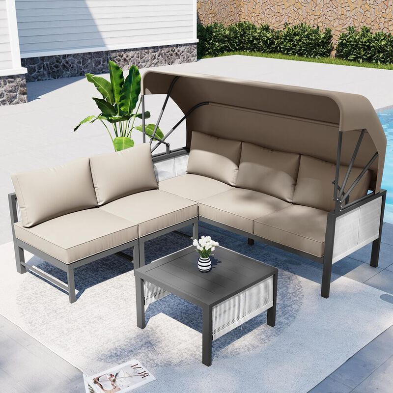 Mondawe Aluminum Patio Furniture Sets, 4 Pieces Outdoor Sectional Sofa with Retractable Canopy, Patio Conversation Set with Cushions for Outdoor image number 1