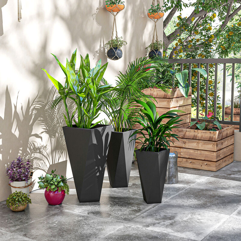 Outsunny Set of 3 Tall Planters, 18", 15.25", 11.75", MgO Indoor Outdoor Planters with Drainage Holes, Stackable Flower Pots for Garden, Patio, Balcony, Front Door, Black