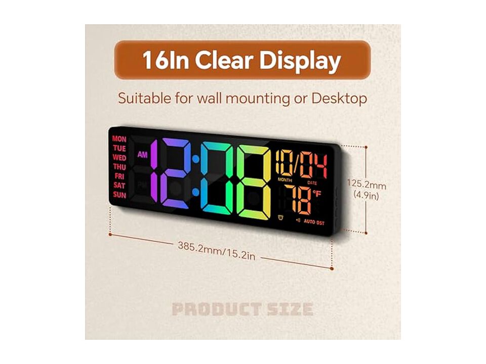 RGB LED Digital Color Display Night Wall Clock 16 Inch Glow In Dark