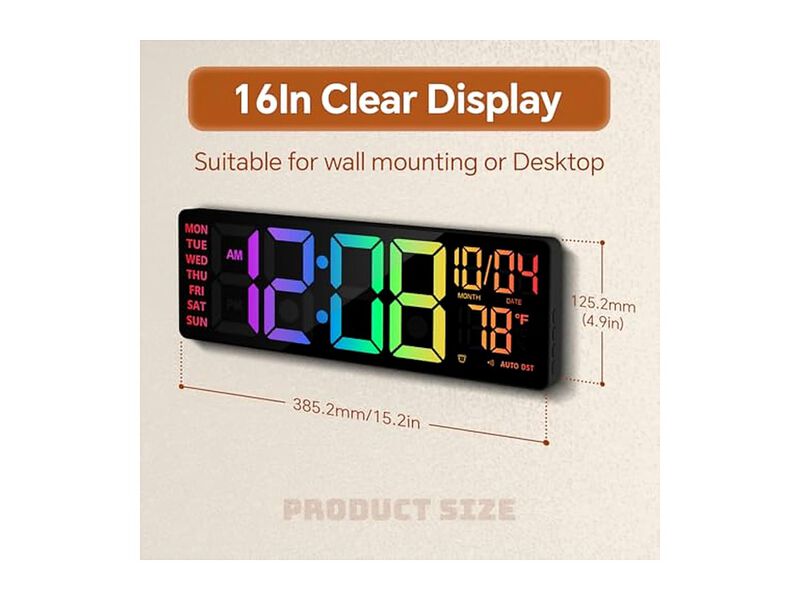 RGB LED Digital Color Display Night Wall Clock 16 Inch Glow In Dark image number 1
