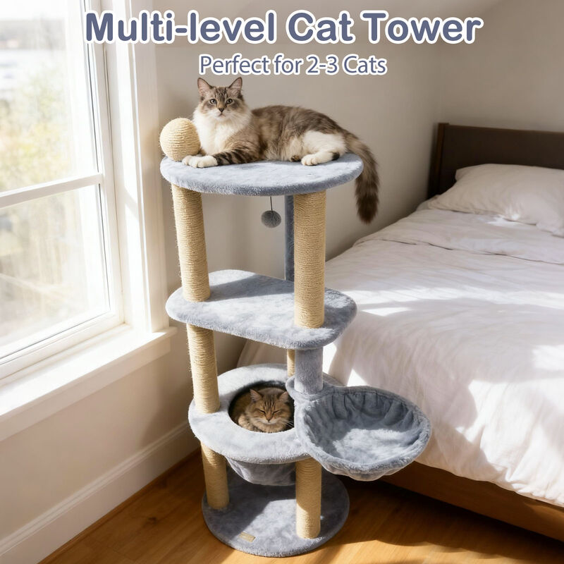 Grey Cat Tower 47" with Cat Nest, Scratching Posts, and Play Platforms image number 5