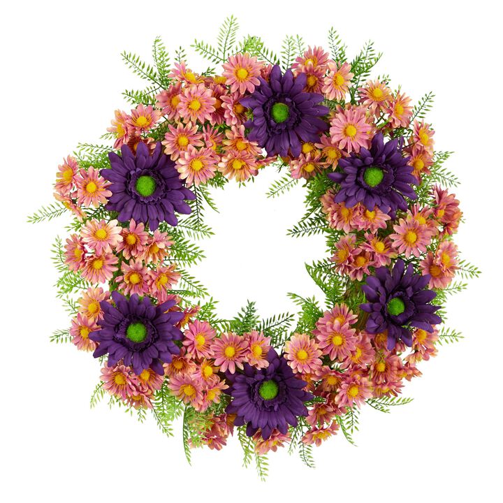 Nearly Natural 21-in Mixed Daisy Artificial Wreath