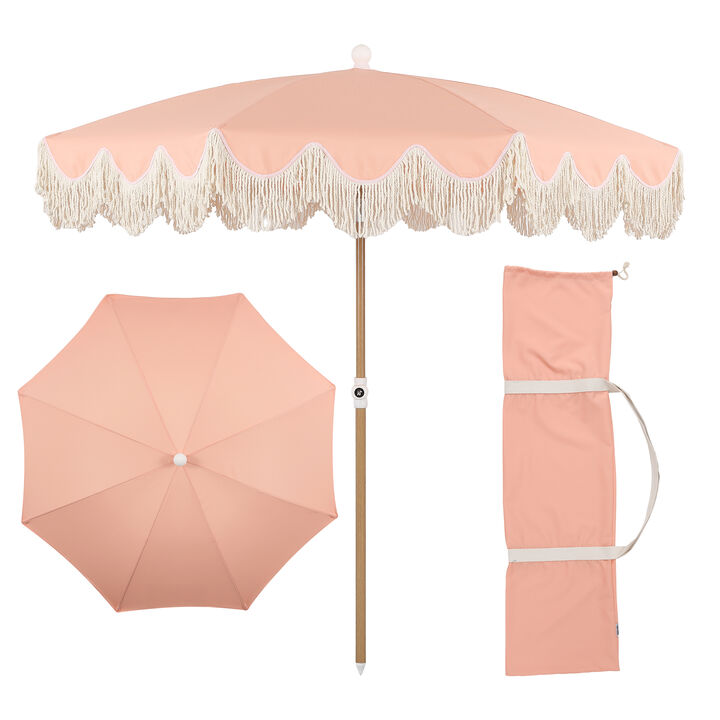 Mariner 6.5 ft. Classic Cottage Fringe Tassel Market Beach Umbrella with Push Button Tilt, Wind Vent and UV Protection, and Carry Bag