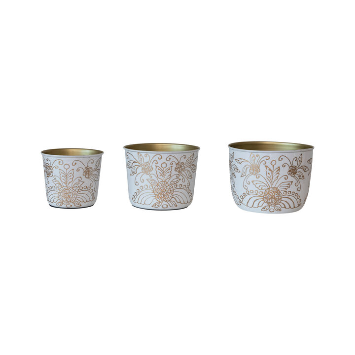 Enameled Metal Planters with Floral Design, White and Gold Finish, Set of 3