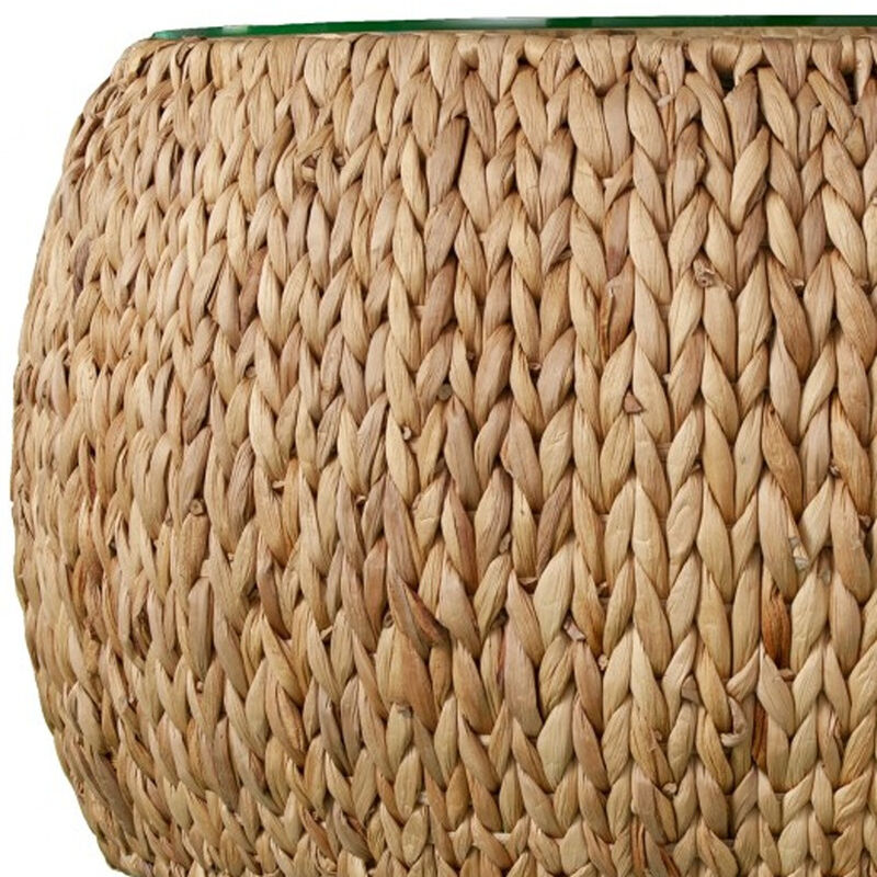 Hivvago 28 Inch Natural And Natural Brown Glass And Solid Wood Round Coffee Table