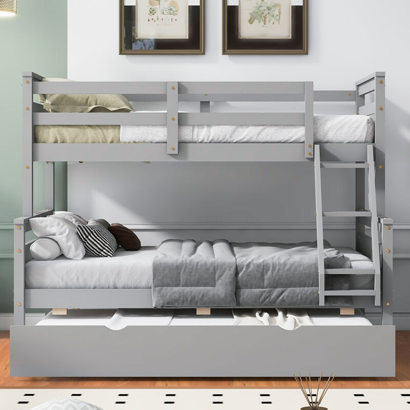 Whisen Twin over Full Bunk Bed with Ladder, Twin Size Trundle, Safety Guardrail - Gray