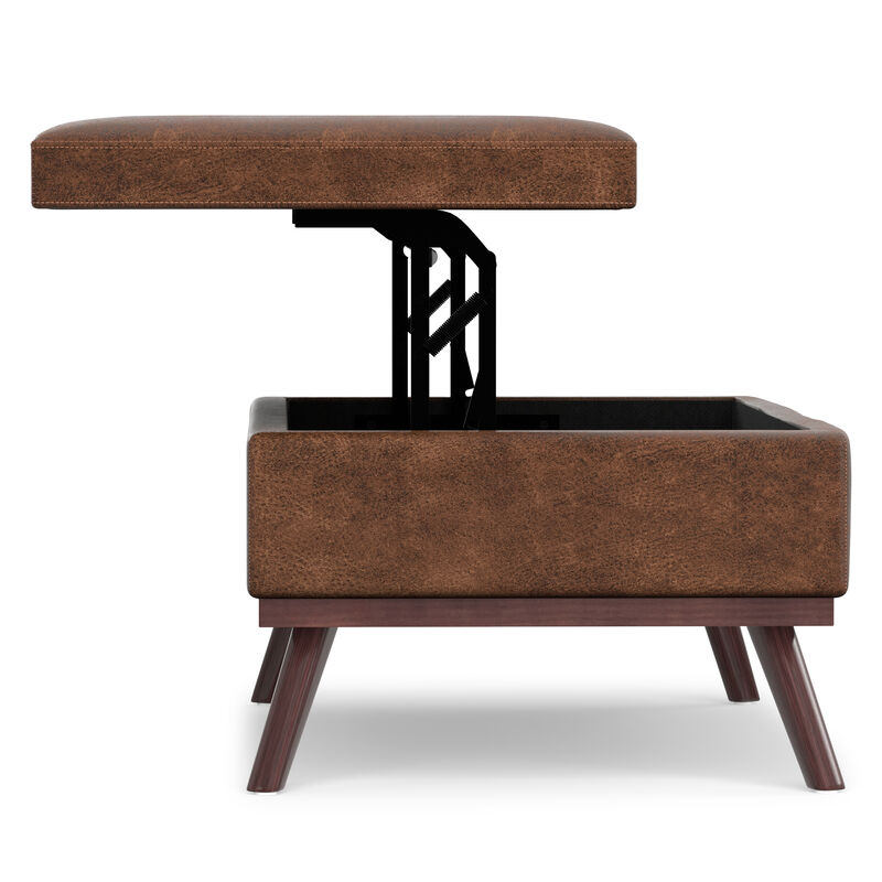 Owen 42 inch Wide Mid Century Modern Rectangle Lift Top Large Coffee Table Storage Ottoman in Distressed Chestnut Brown Vegan Faux Leather, Assembled image number 6