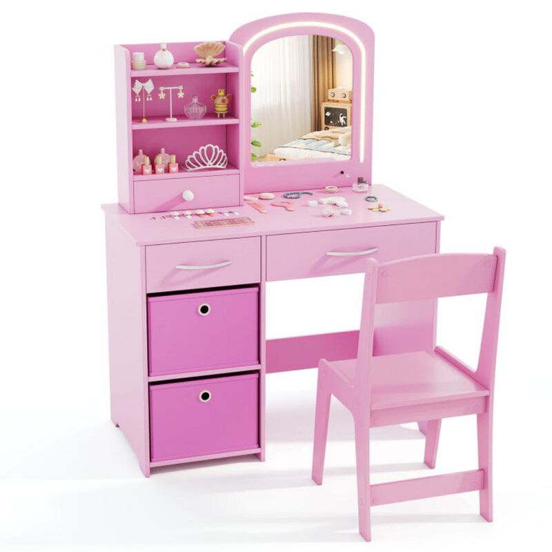 Hivvago Kids Vanity Set with Lighted Mirror Makeup Desk and Chair Set with Drawers