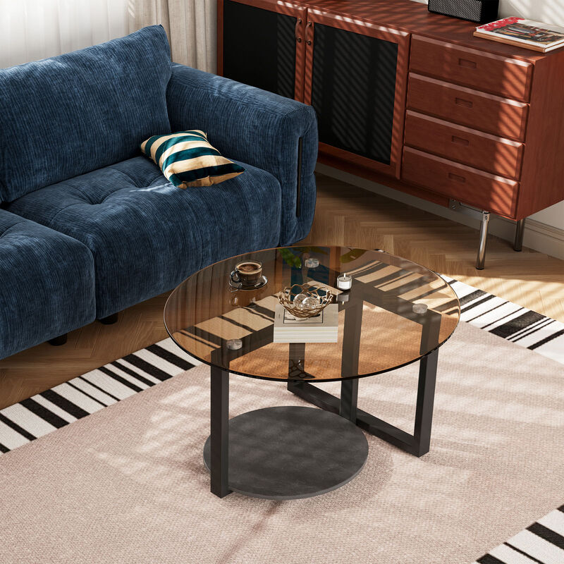 Brown Glass Coffee Table Round Abstract Tempered Glass Accent Table Furniture image number 9