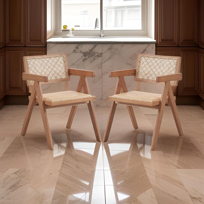 Tina 22 Inch Dining Armchair Set of 2, Woven Rattan, Natural Brown Wood - Benzara
