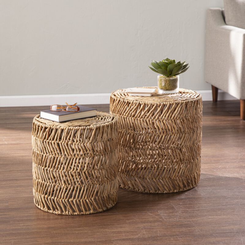 Set Of Two 18"" Natural Woven Rattan End Tables