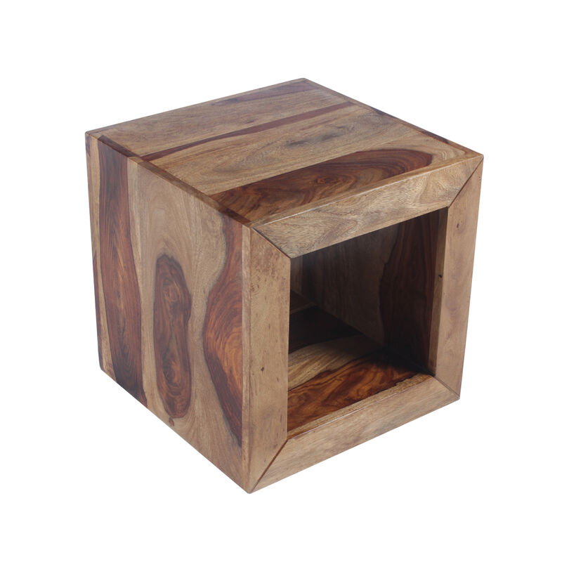 16 Inch Cube Shape Rosewood Side Table With Cutout Bottom, Brown
