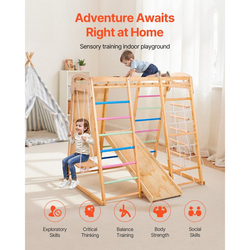 Wooden Indoor Playground Set with Monkey Bars Ladder Net and Rock Wall image number 4