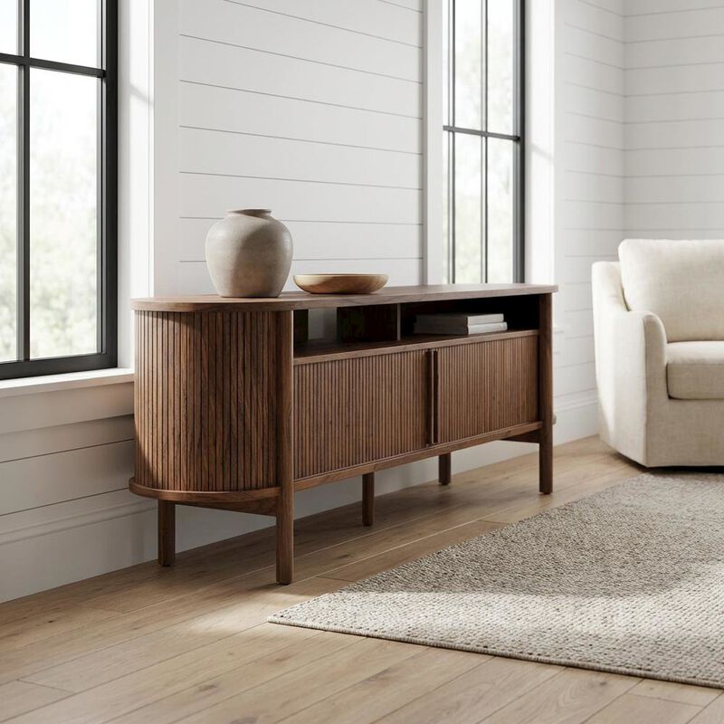 Curved TV Stand in Brown, Rubberwood Solids, Walnut Veneers, Stylish Storage image number 3