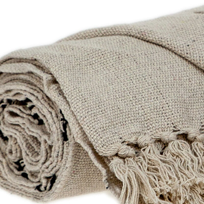 HomeRoots 52" X 67" Beige and Black Woven Cotton Striped Throw Blanket with Tassels image number 3