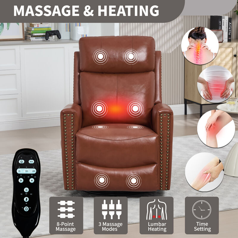 Gnuine Leather Heat Massage Manual Recliner Chair with Rocker and Swivel image number 2