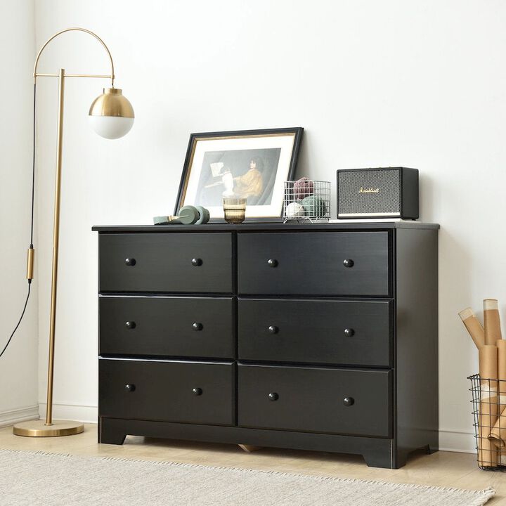 6 Drawer Solid Wood Double Dresser in Black Color